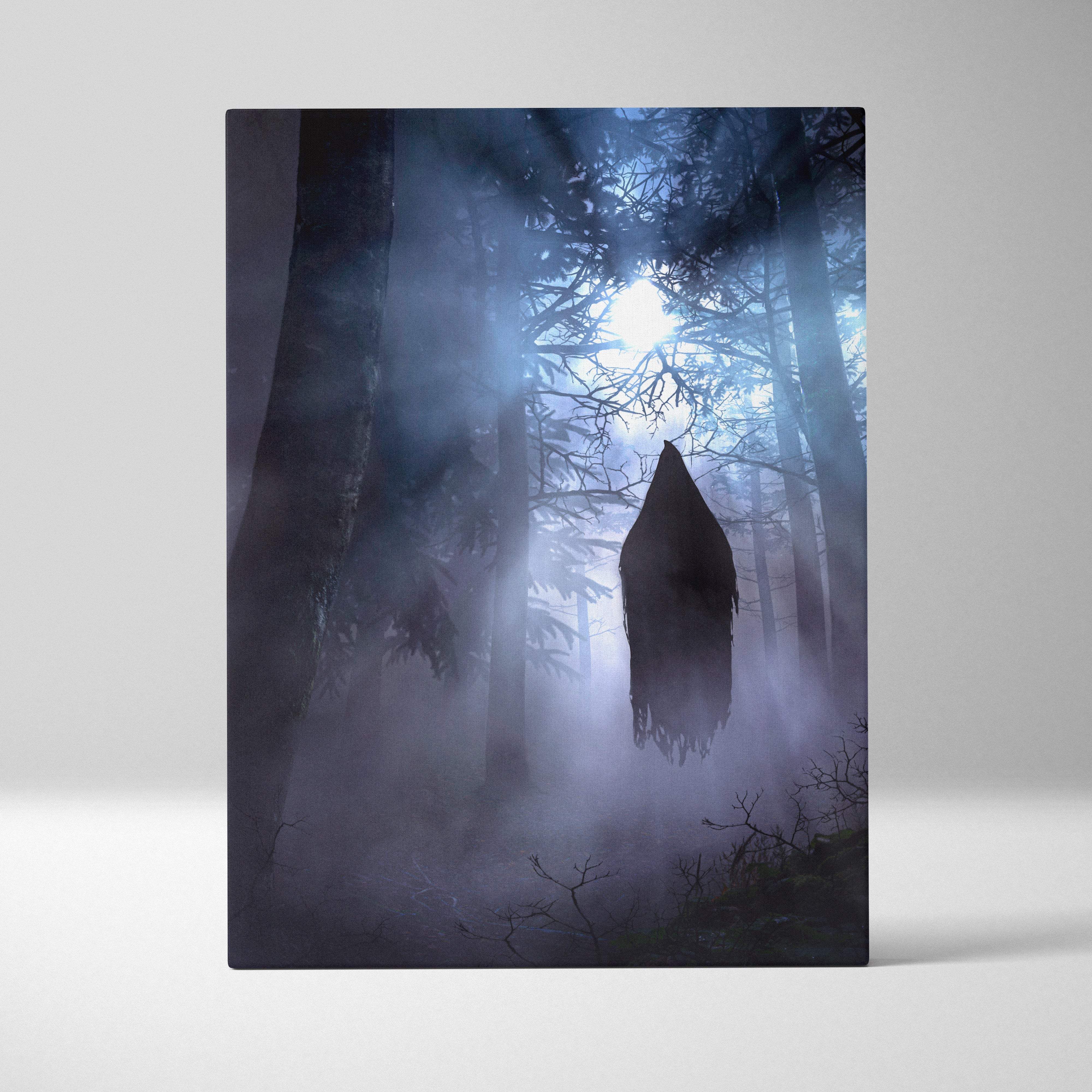 Rectangular canvas print of a dark hooded ghost figure floating in a misty forest with an eerie paranormal atmosphere
