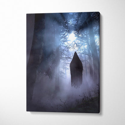 Mystical forest scene canvas print featuring a dark hooded figure floating in misty blue light between tall trees