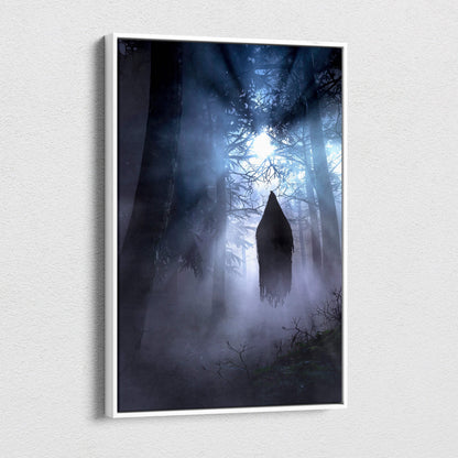 A framed canvas print showing a floating hooded ghost silhouette in a misty forest with blue light beams