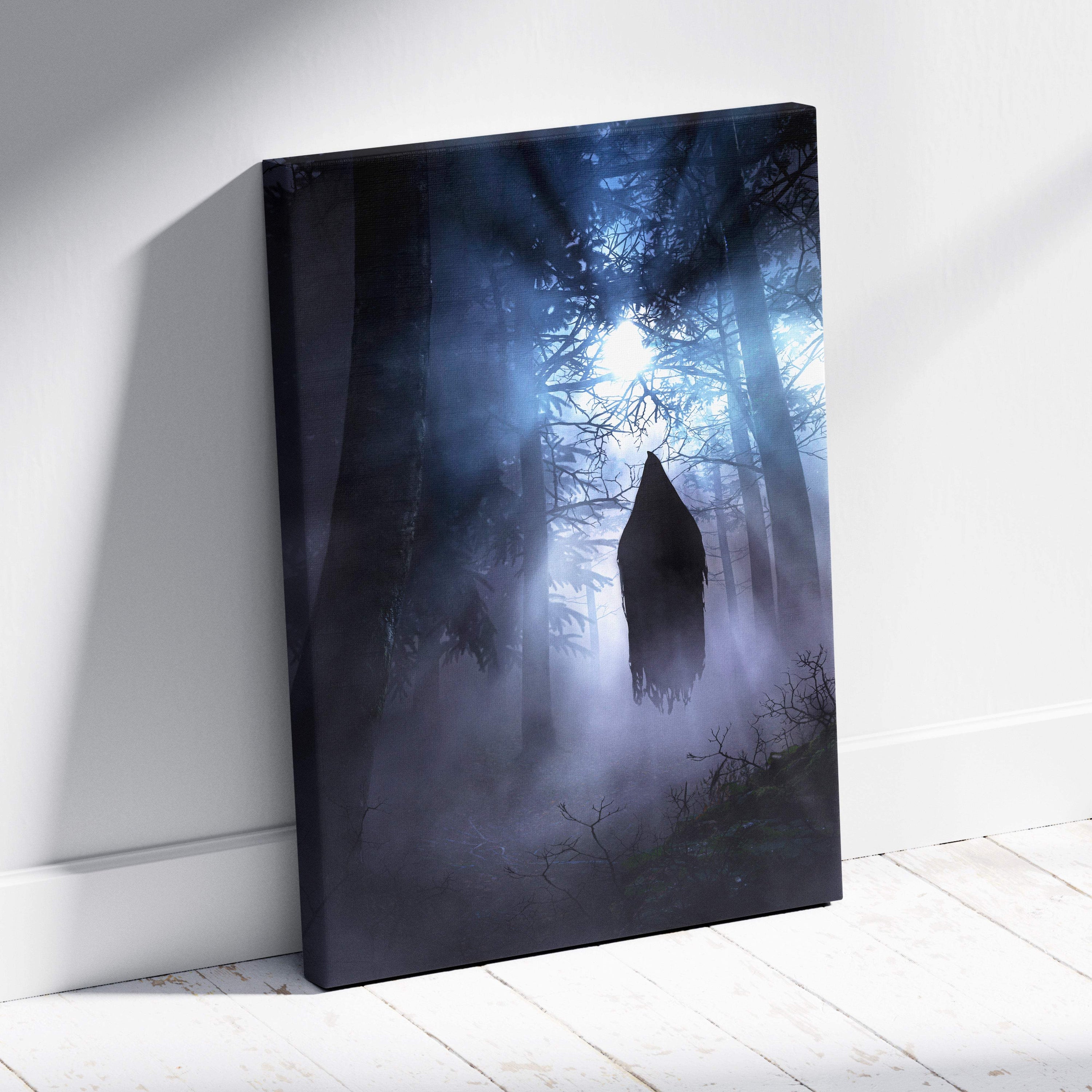 Dark canvas print of a haunted forest apparition with a floating hooded ghost in foggy woods for paranormal wall art