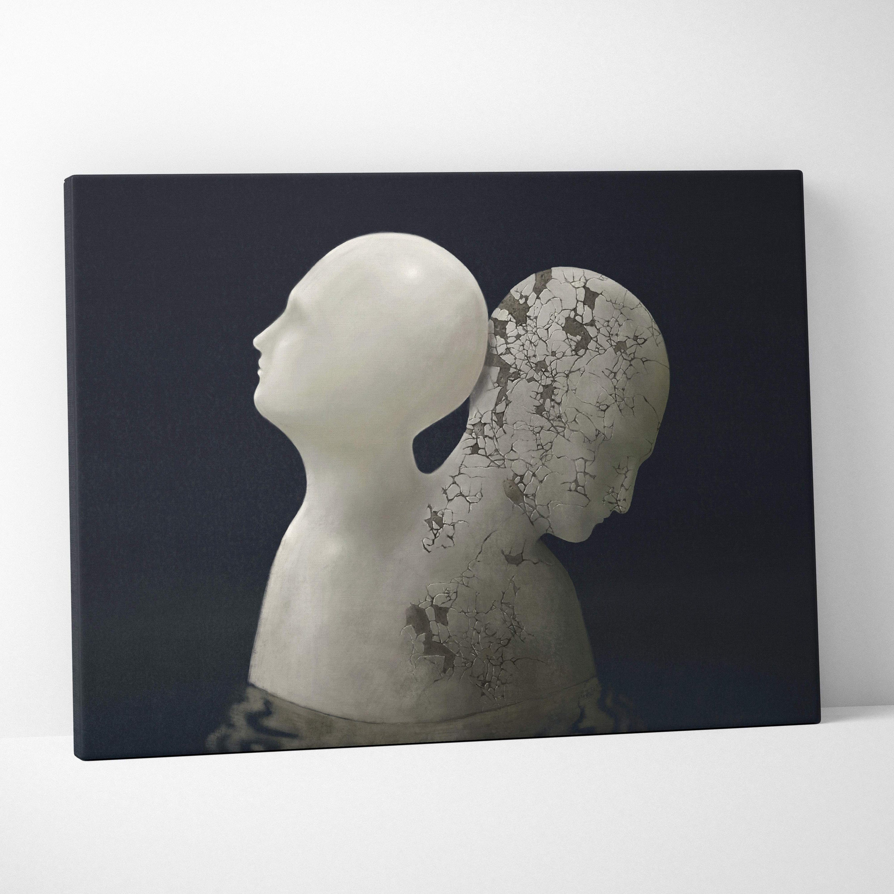 Contemporary dual face canvas wall art featuring two stylized white human head sculptures one smooth one cracked