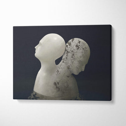 White sculptural canvas print of two stylized human heads one smooth and one cracked revealing dark tones