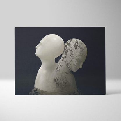 Contemporary dual face canvas wall art with minimalist white and cracked gray heads on dark surreal background