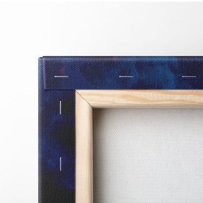 A navy blue canvas painting with a light wood frame featuring alien planet space art for futuristic decor