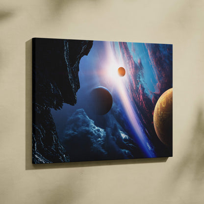 Alien planet space canvas wall art print featuring blue and gold cosmic scene with planets and nebulae for sci fi decor