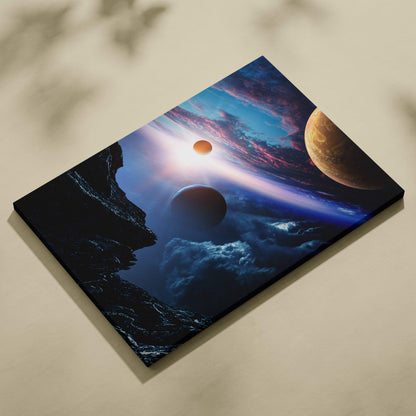Rectangular canvas print featuring a blue and purple cosmic scene with planets and vibrant nebulae for sci fi decor