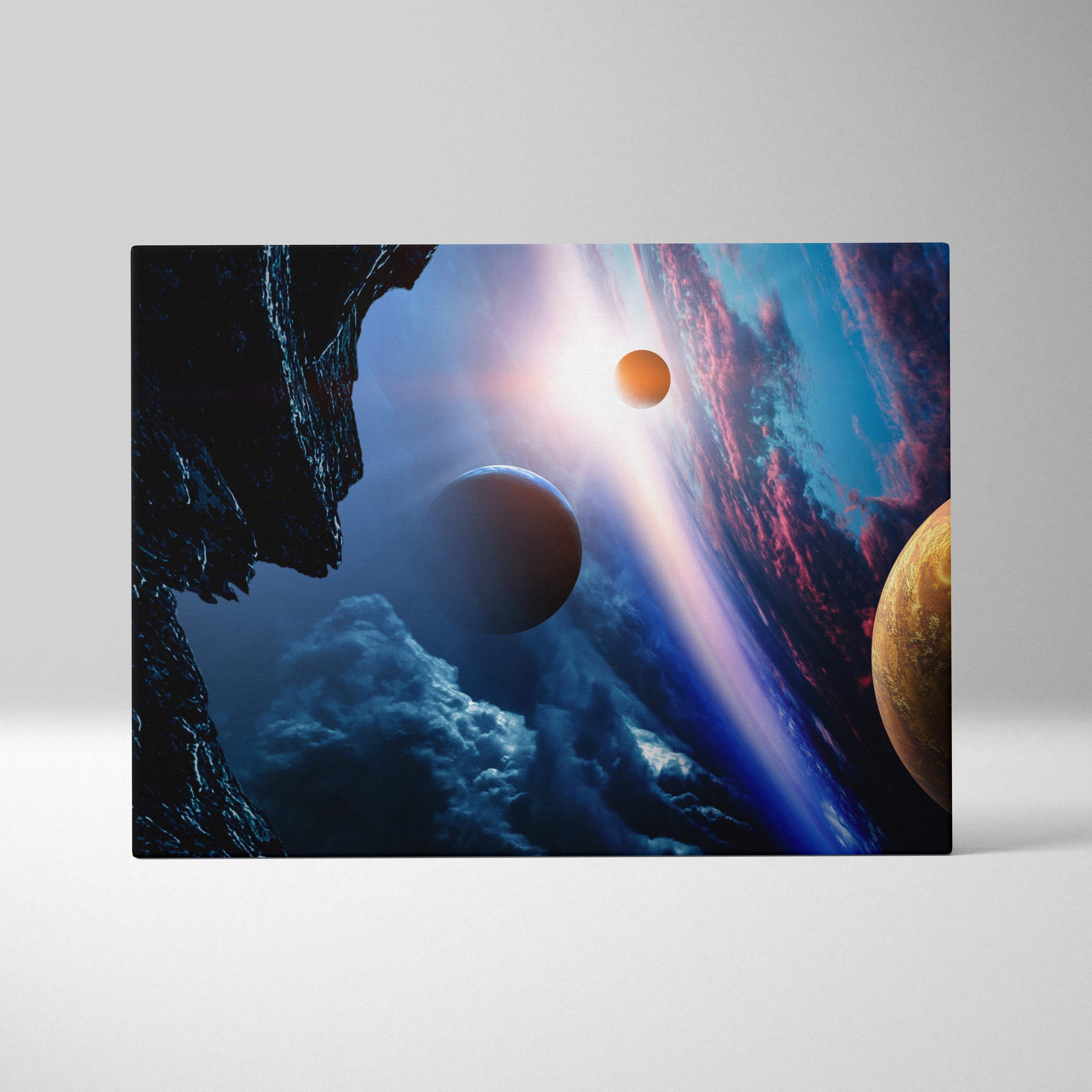 Alien planet space canvas print with blue and gold cosmic planets nebulae and light beams for sci fi decor