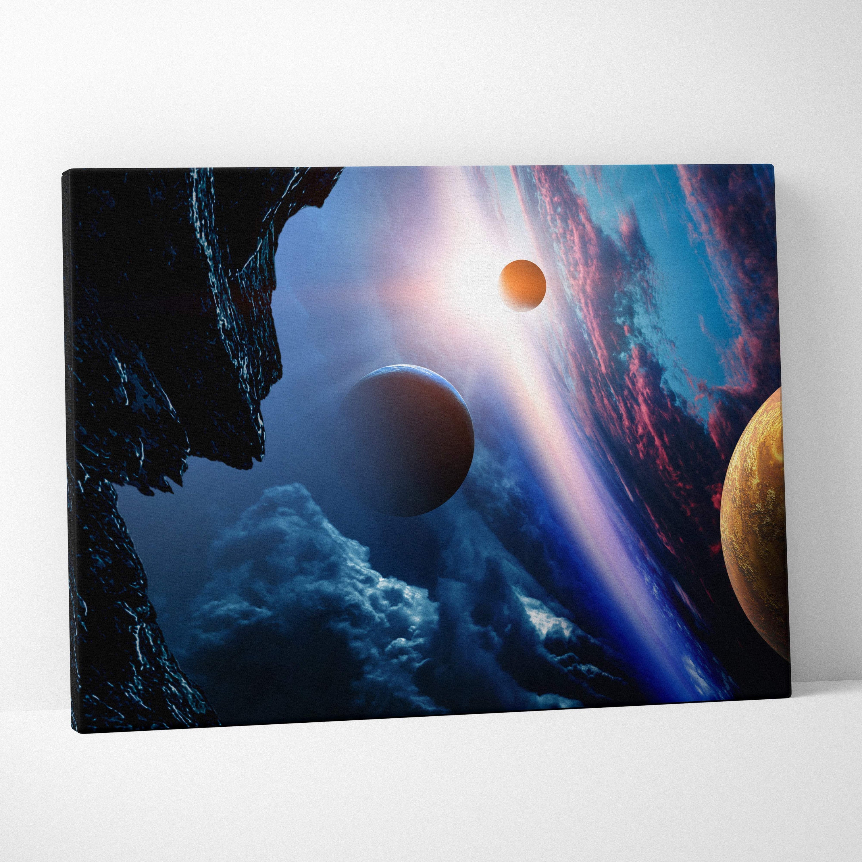 Alien planet space canvas wall art print with vibrant blue and gold cosmic planets nebulae and radiant light beams