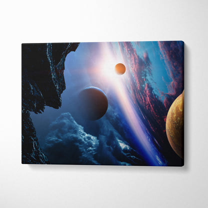 Space-themed canvas print featuring a blue and gold cosmic scene with planets and nebulae for futuristic room decor