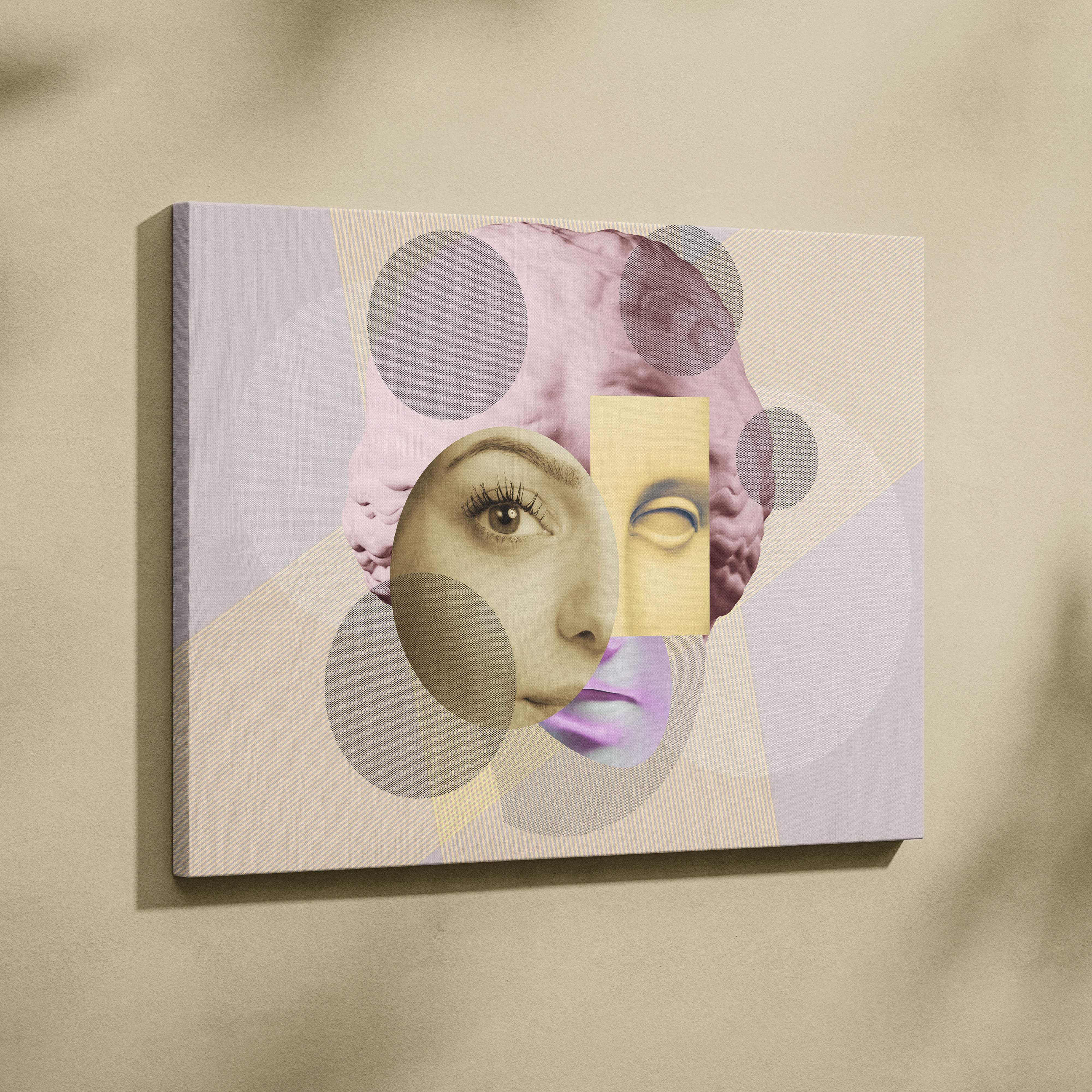 A modern abstract canvas wall art print featuring a surreal face collage in soft pink and yellow tones for eclectic bedrooms