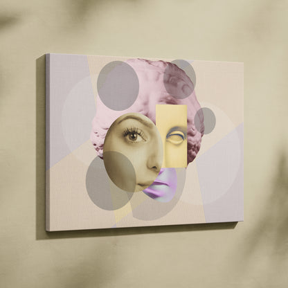 A modern abstract canvas wall art print featuring a surreal face collage in soft pink and yellow tones for eclectic bedrooms