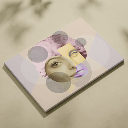 Rectangular canvas print featuring a surreal pastel face collage with geometric shapes and textured fabric for modern decor