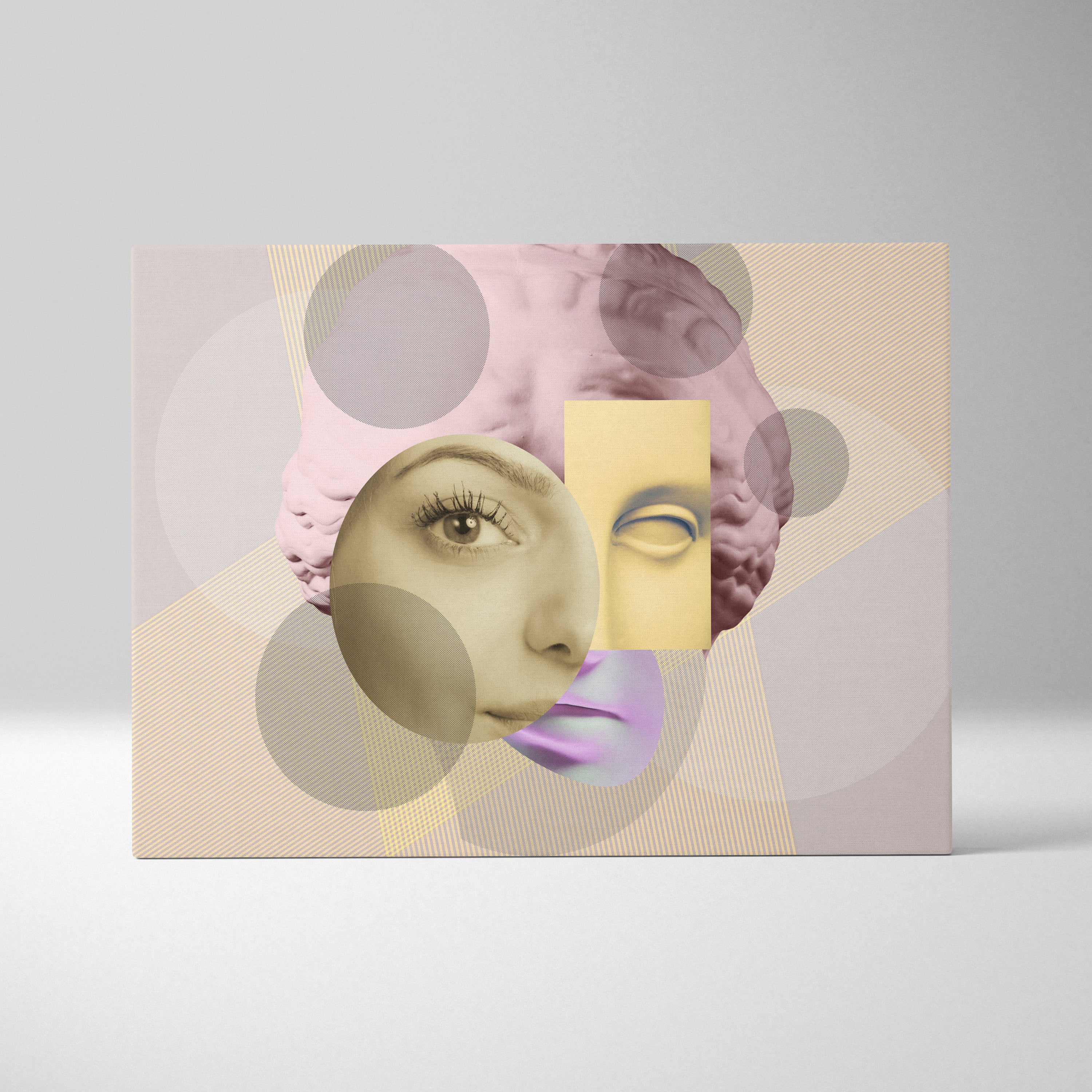 A modern abstract canvas wall art print featuring a pastel pink and yellow surreal face collage on textured beige background