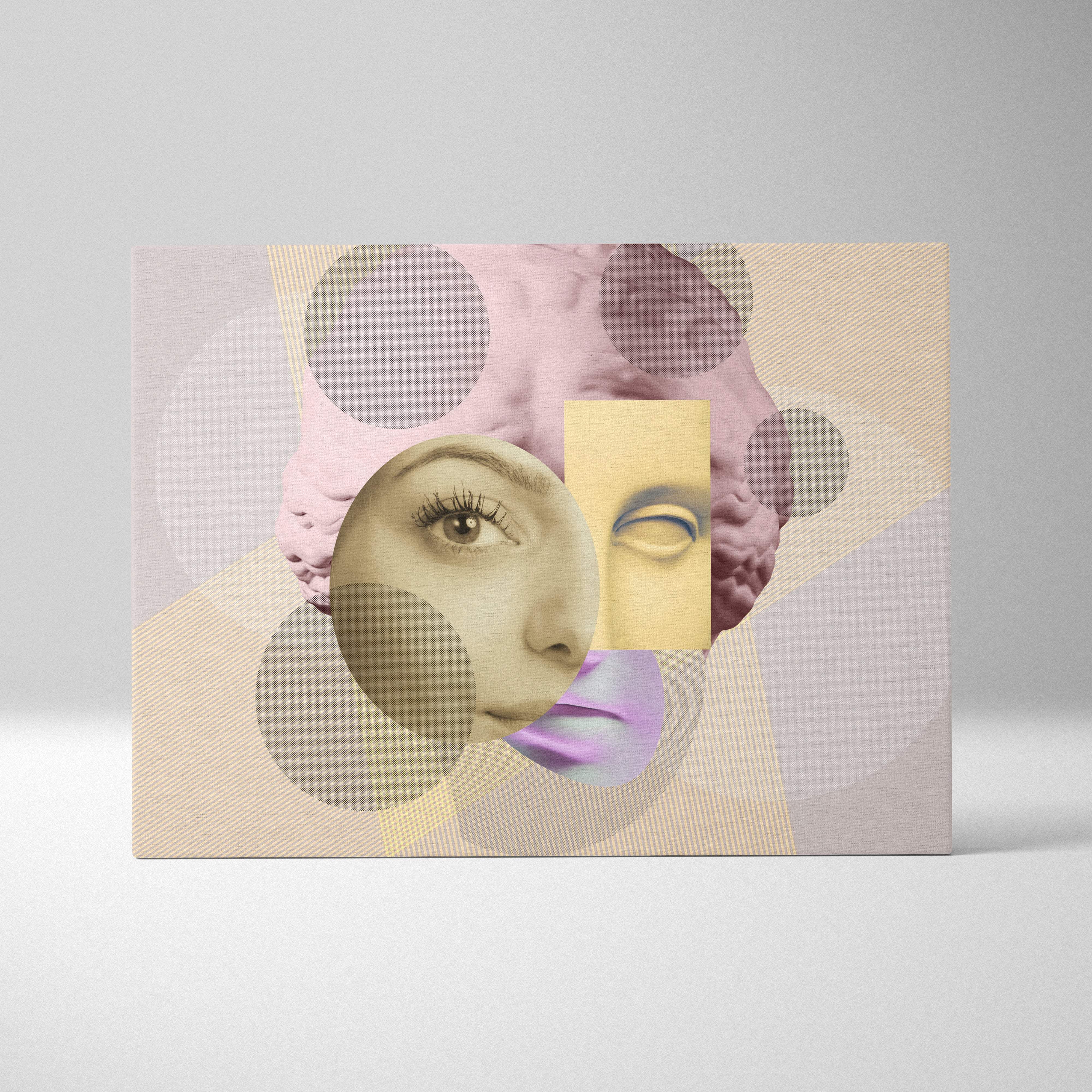 A modern abstract canvas wall art print featuring a pastel pink and yellow surreal face collage on textured beige background
