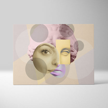 A modern abstract canvas wall art print featuring a pastel pink and yellow surreal face collage on textured beige background
