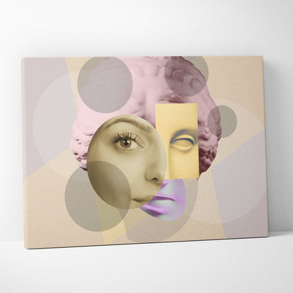 A modern surreal face collage canvas wall art print with pastel pink and yellow abstract portraits on beige textured background