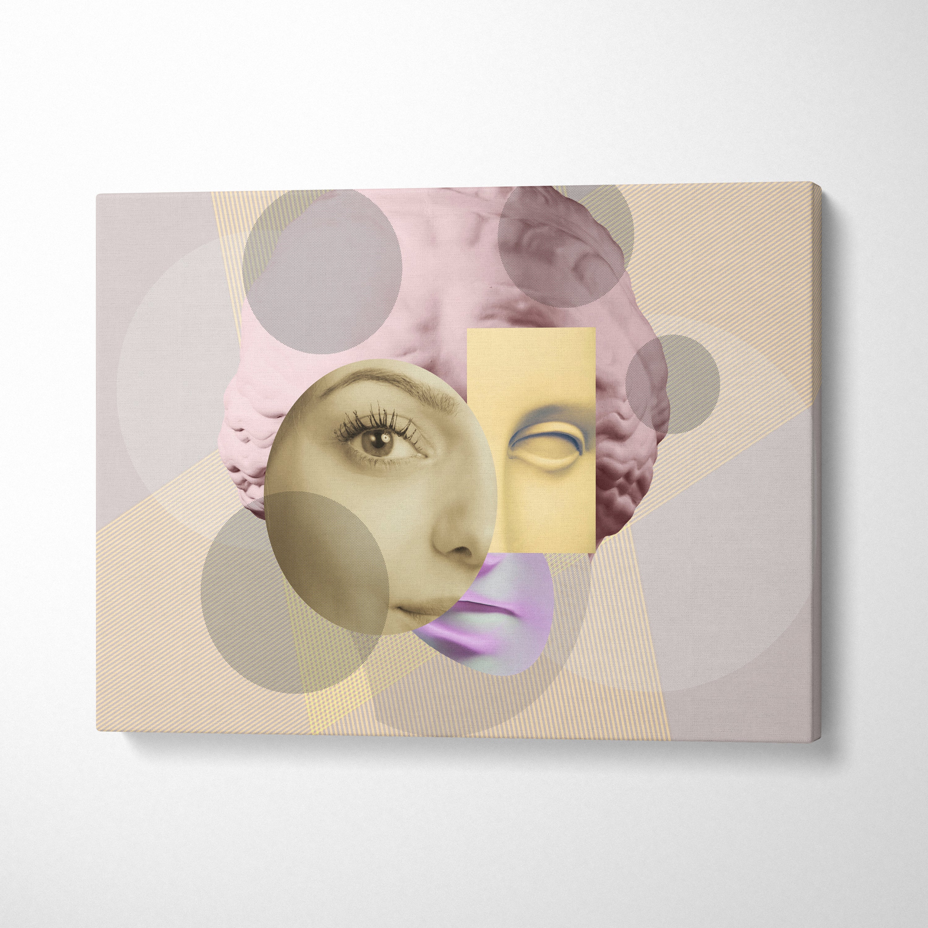 Surreal face collage canvas wall art print with pastel tones and textured beige background for modern bedroom decor