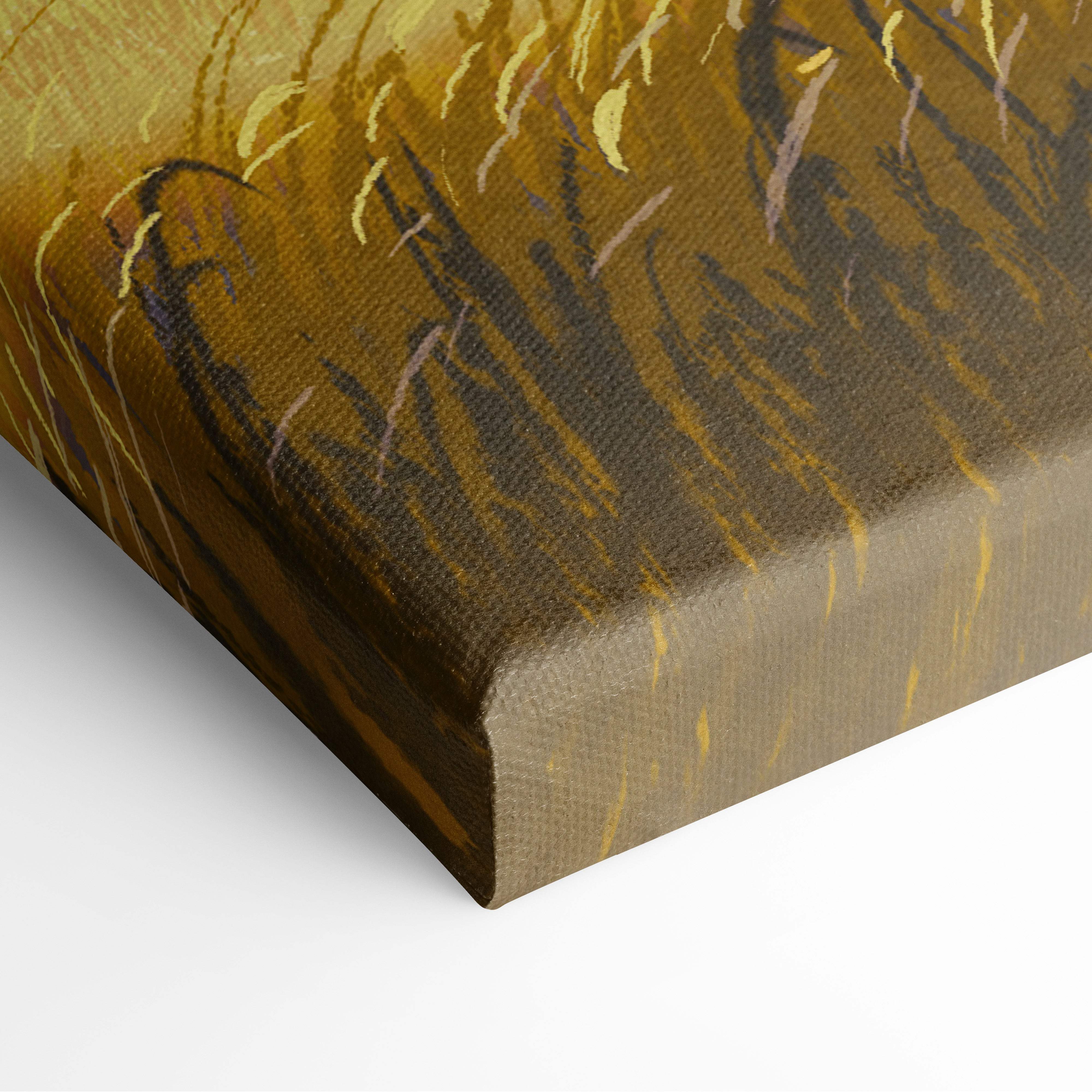 A textured canvas print of a golden field with warm sunset sky and surreal spiral clouds in earthy brown tones