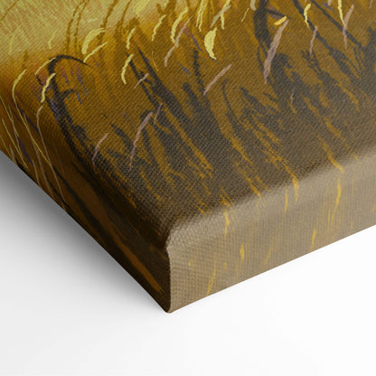 A textured canvas print of a golden field with warm sunset sky and surreal spiral clouds in earthy brown tones