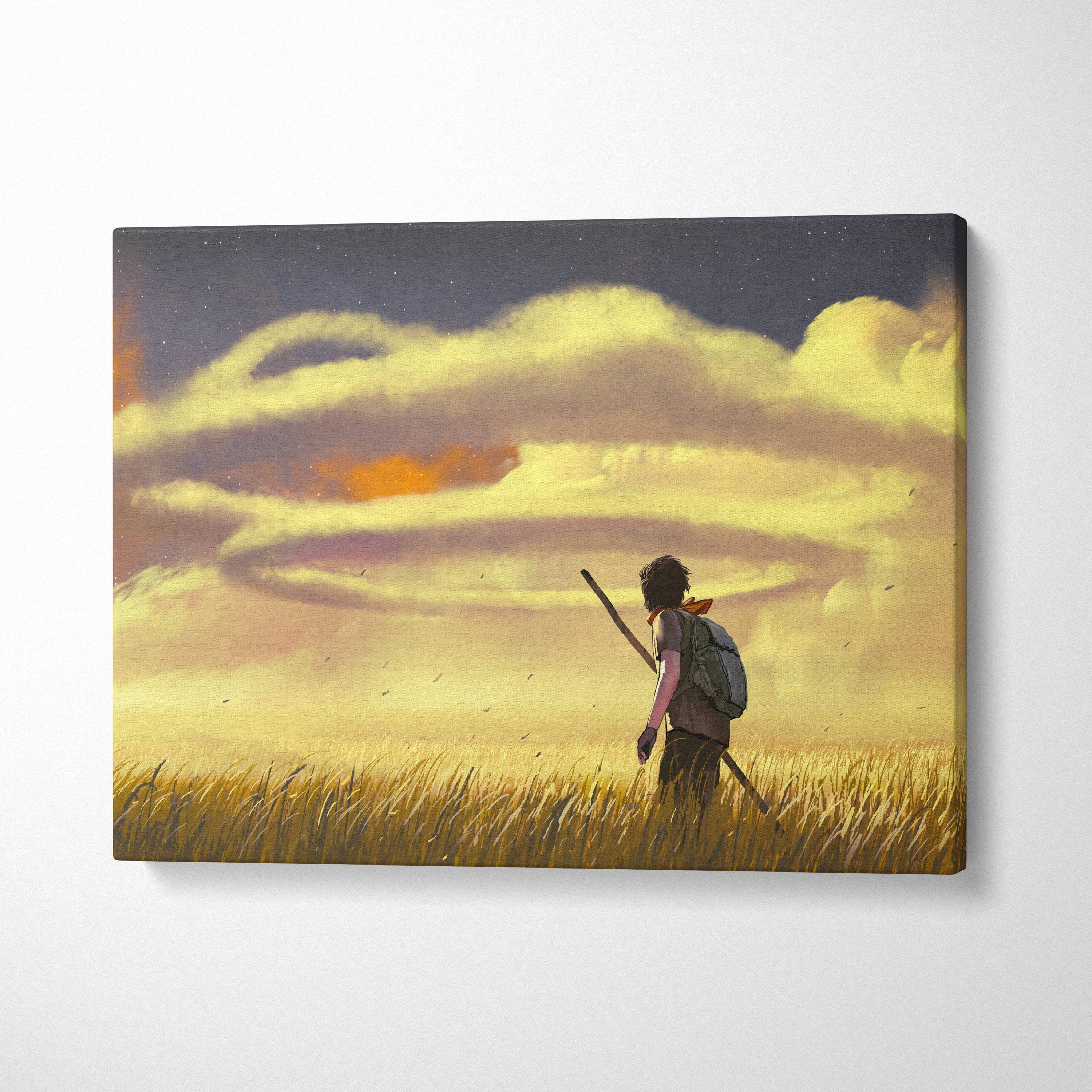 A rectangular canvas print showing a lone figure in a golden field under a warm sunset sky with surreal spiral clouds