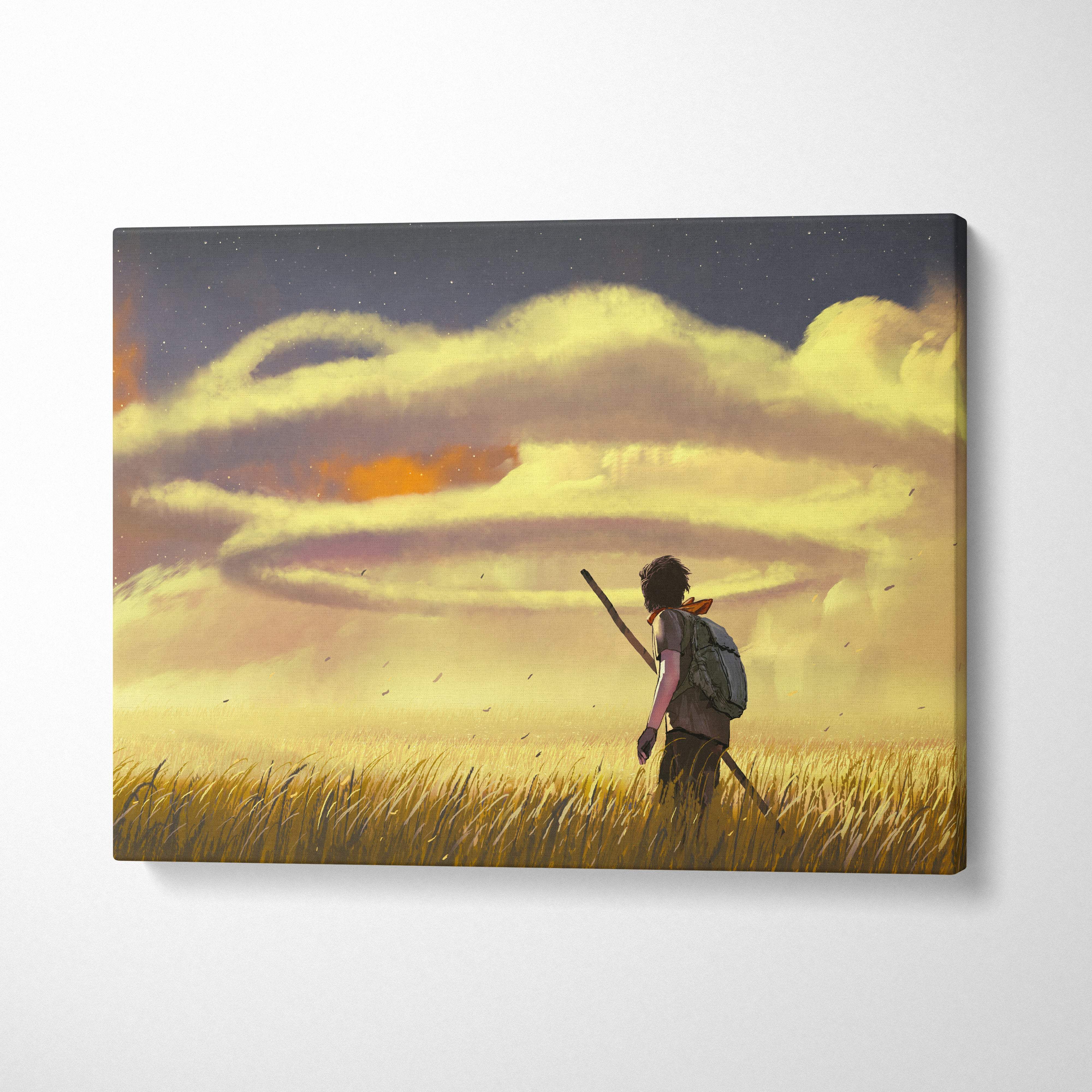 A rectangular canvas print showing a lone figure in a golden field under a warm sunset sky with surreal spiral clouds