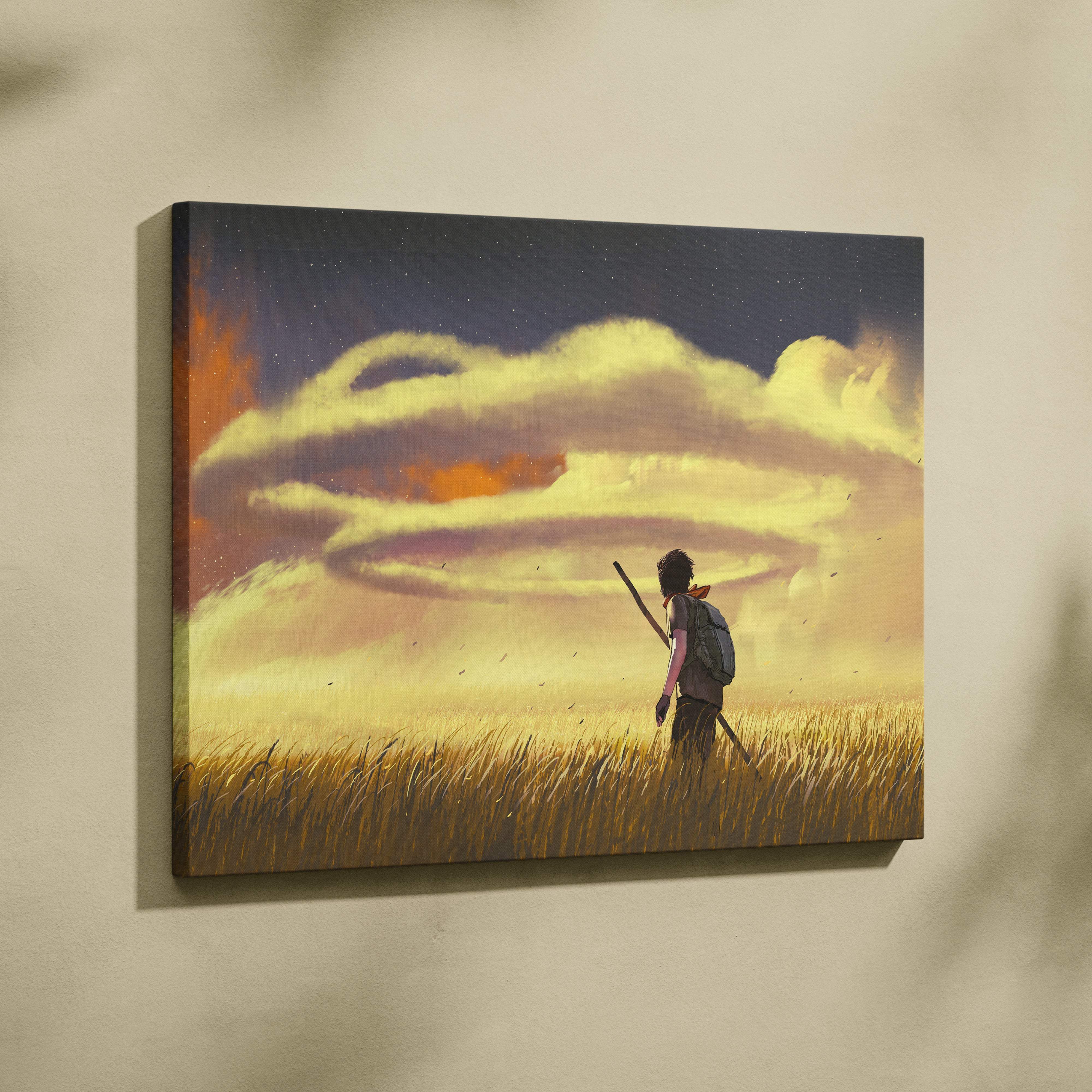 Golden field wanderer canvas wall art depicting a lone figure in tall grass under a warm sunset sky with swirling clouds