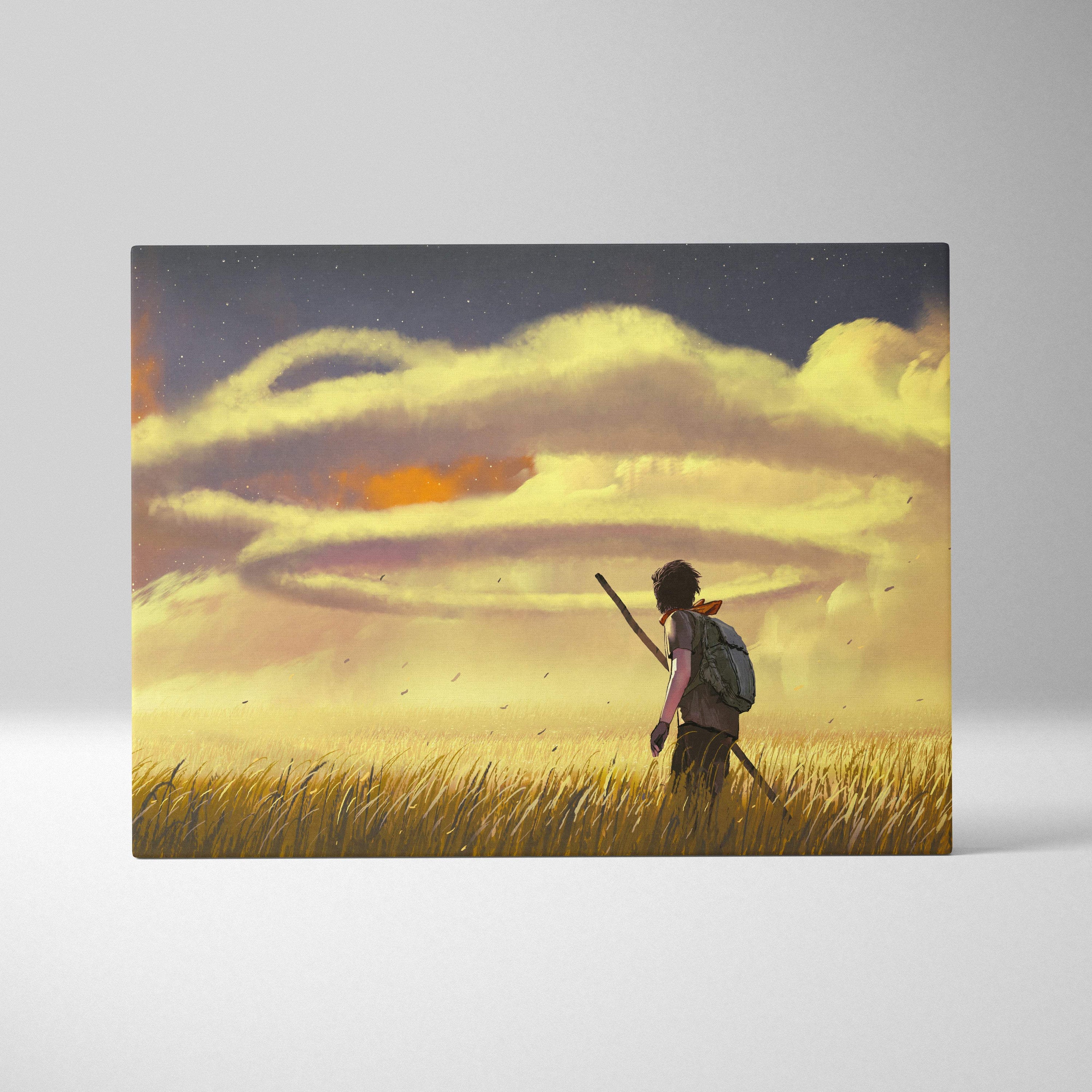 Golden field wanderer rectangular canvas print featuring a lone figure in a warm sunset sky with surreal spiral clouds