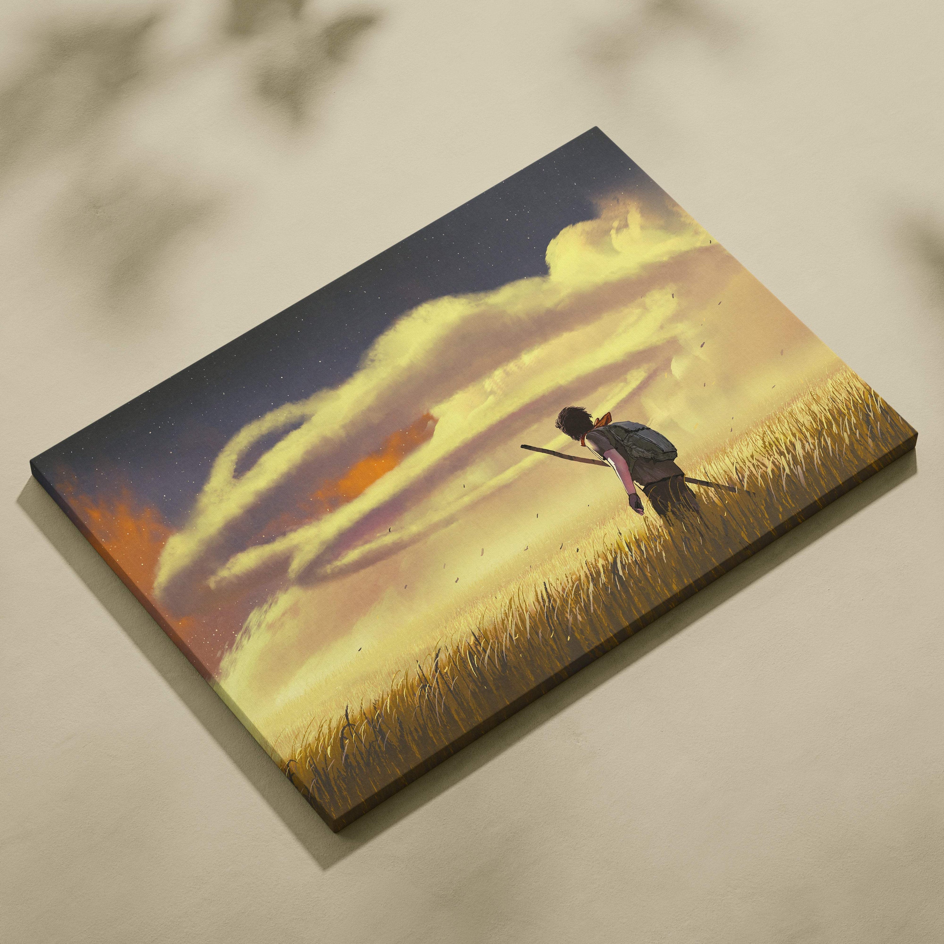 A rectangular canvas print of a lone figure walking through golden grass under a warm sunset sky with surreal spiral clouds