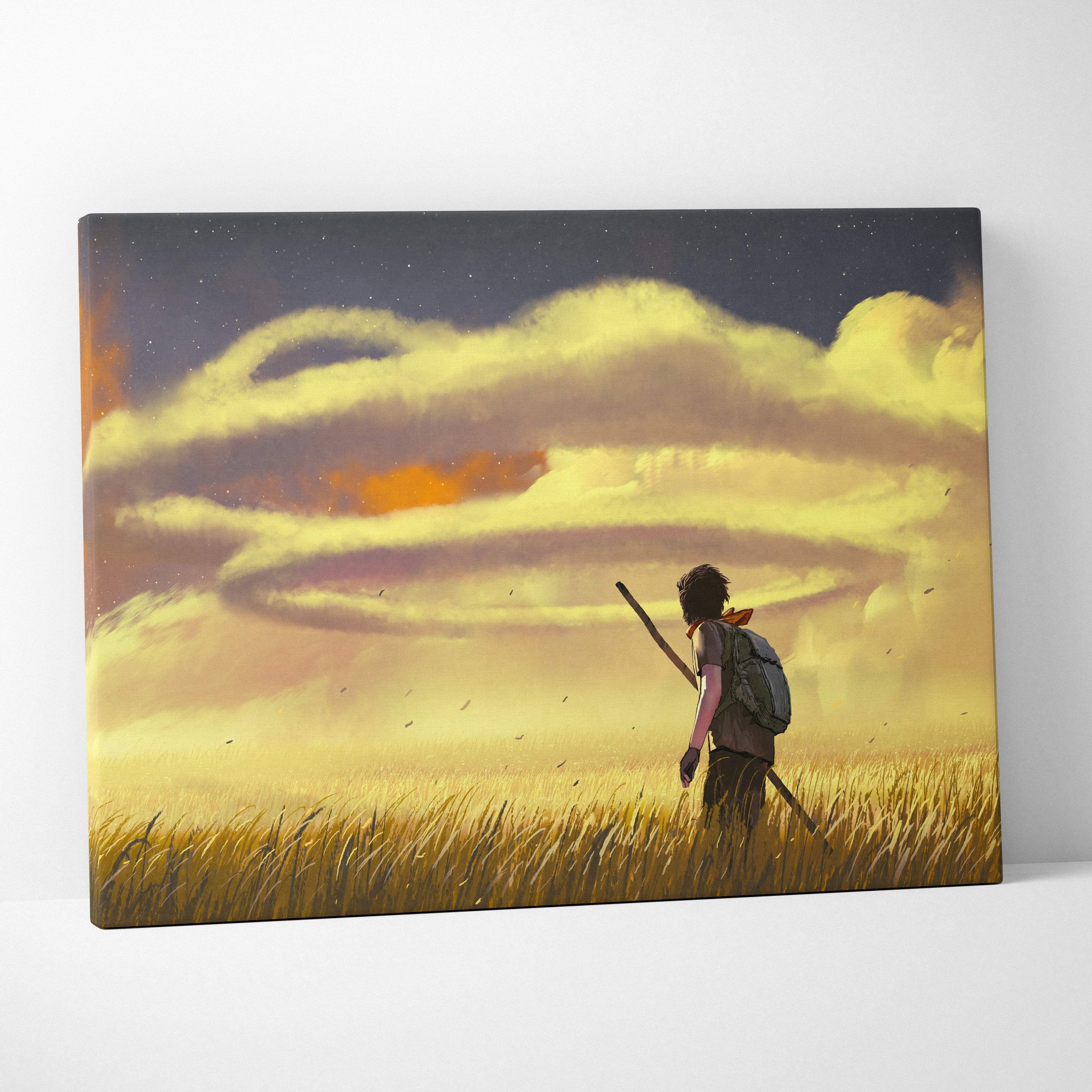 Golden field wanderer canvas print showing a lone figure in a warm sunset sky with surreal spiral clouds and anime style