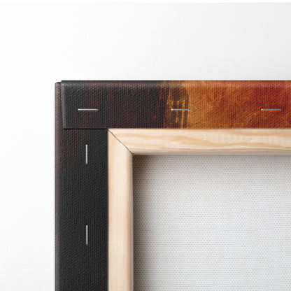A minimalist canvas art piece with a wooden frame and black textured border featuring dark samurai silhouette in warm earth tones
