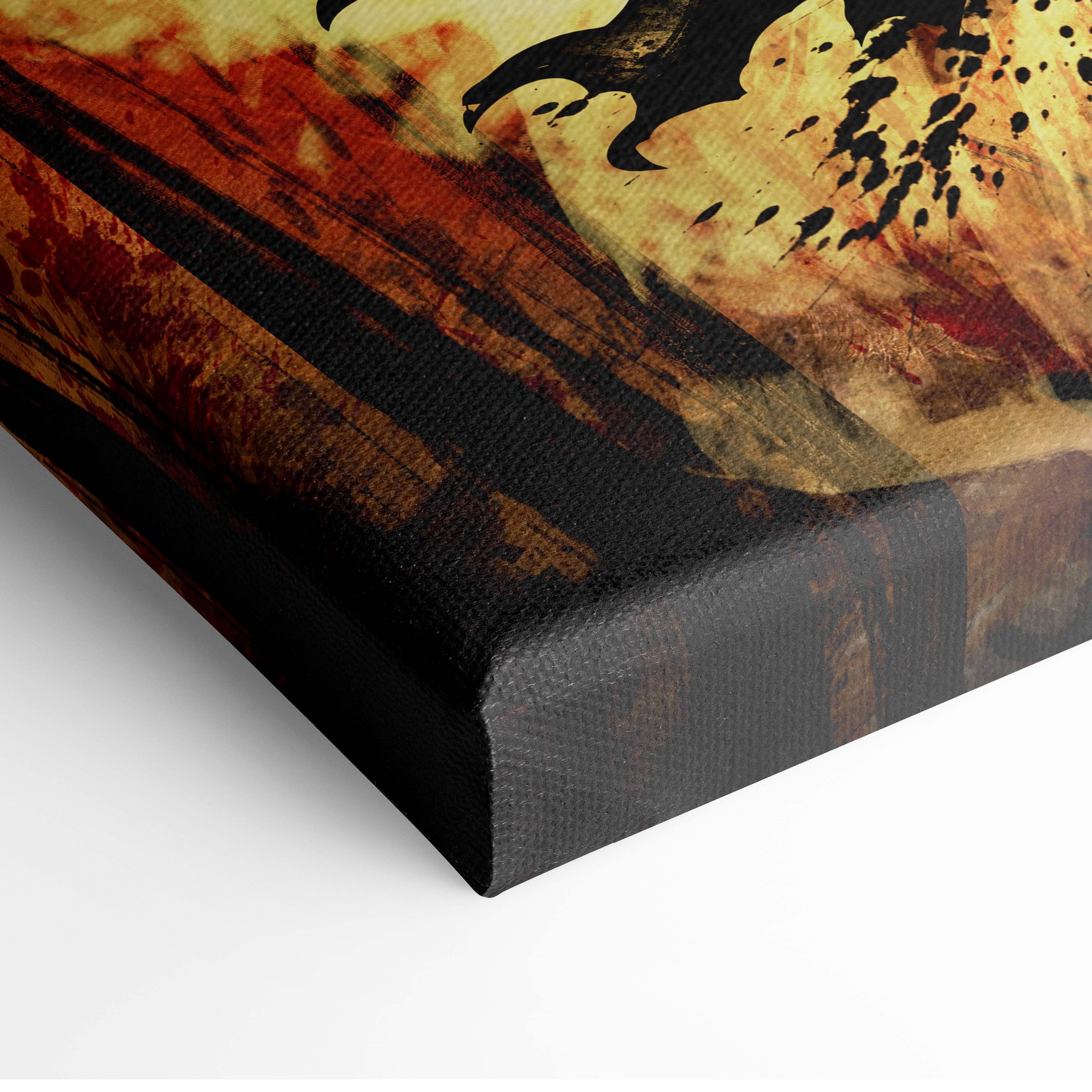 Abstract canvas painting with bold burnt orange black and golden yellow strokes on textured fabric for shadow ronin warrior wall art