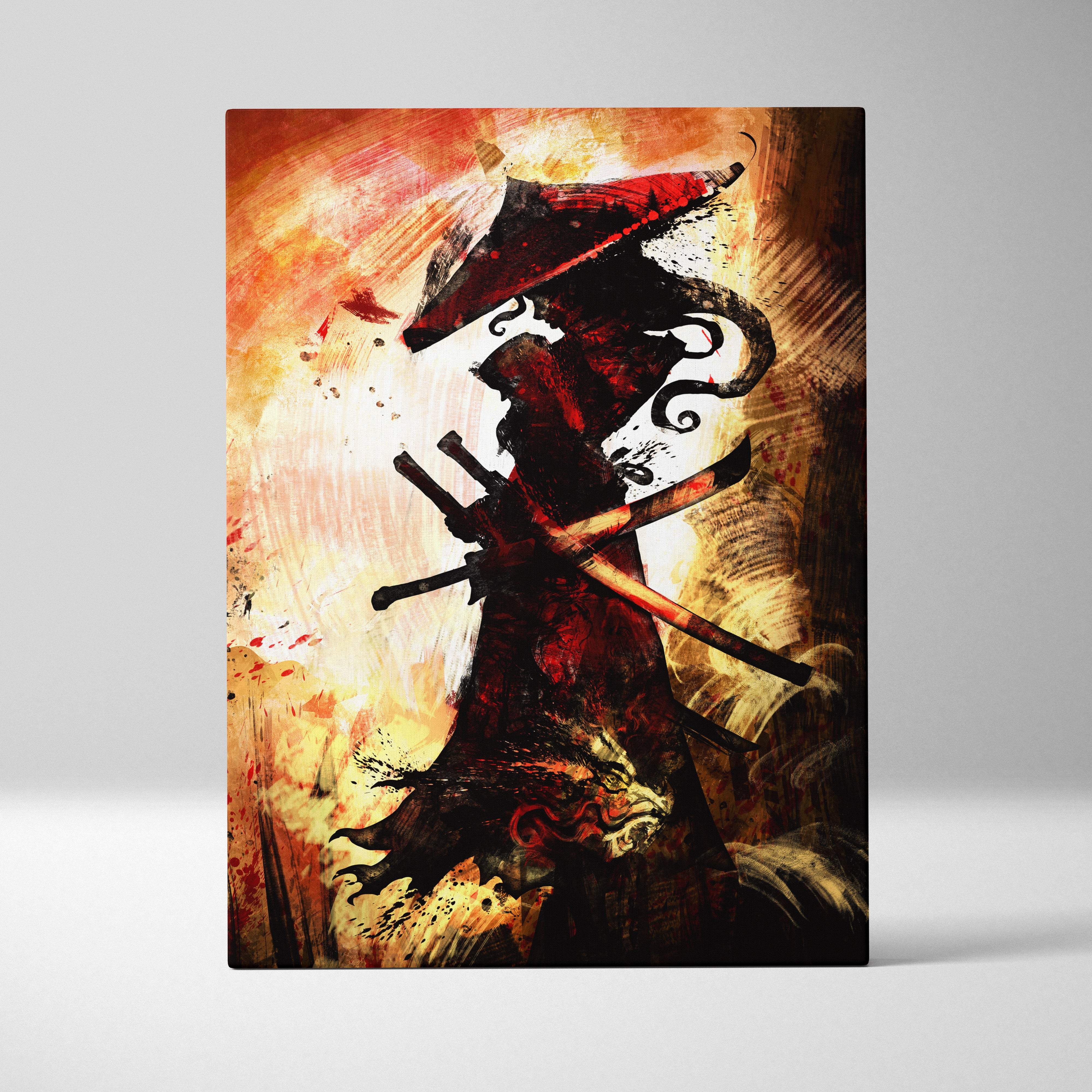 Dramatic canvas print of a dark samurai silhouette in red and black holding crossed swords with fiery orange background