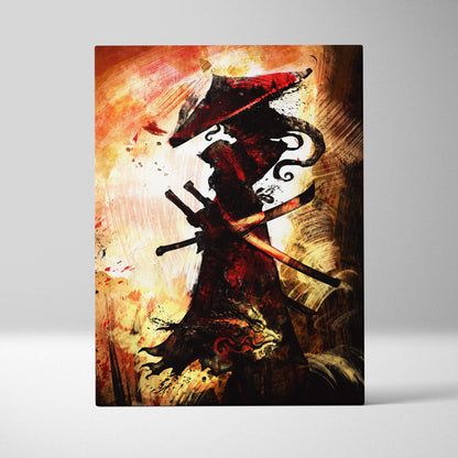 Dramatic canvas print of a dark samurai silhouette in red and black holding crossed swords with fiery orange background