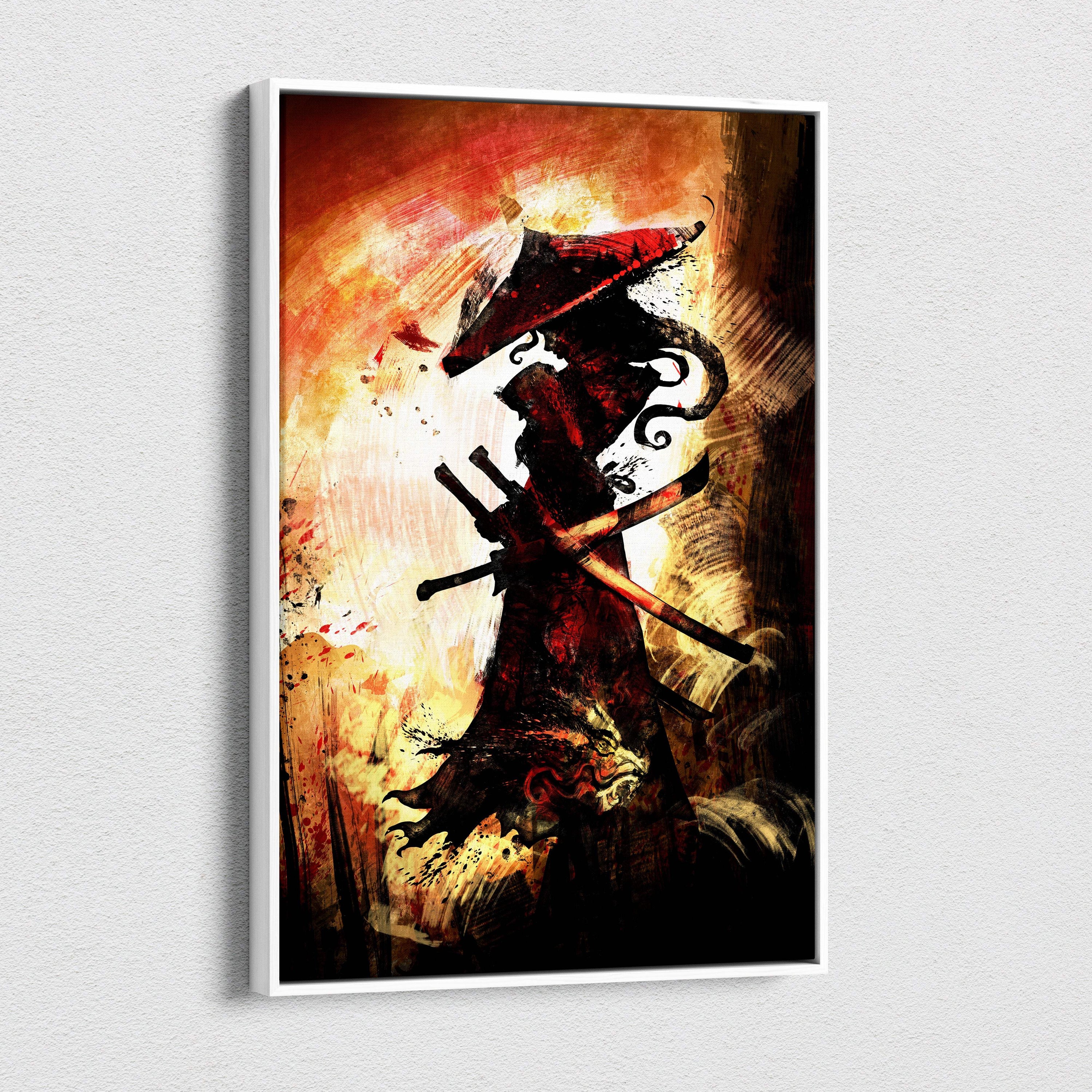 A framed wall art of a dark samurai silhouette with twin swords and a red hat on a fiery orange background