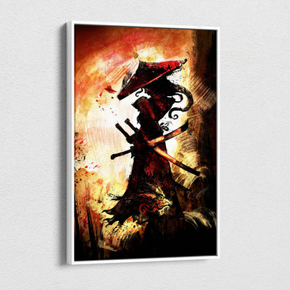 A framed wall art of a dark samurai silhouette with twin swords and a red hat on a fiery orange background
