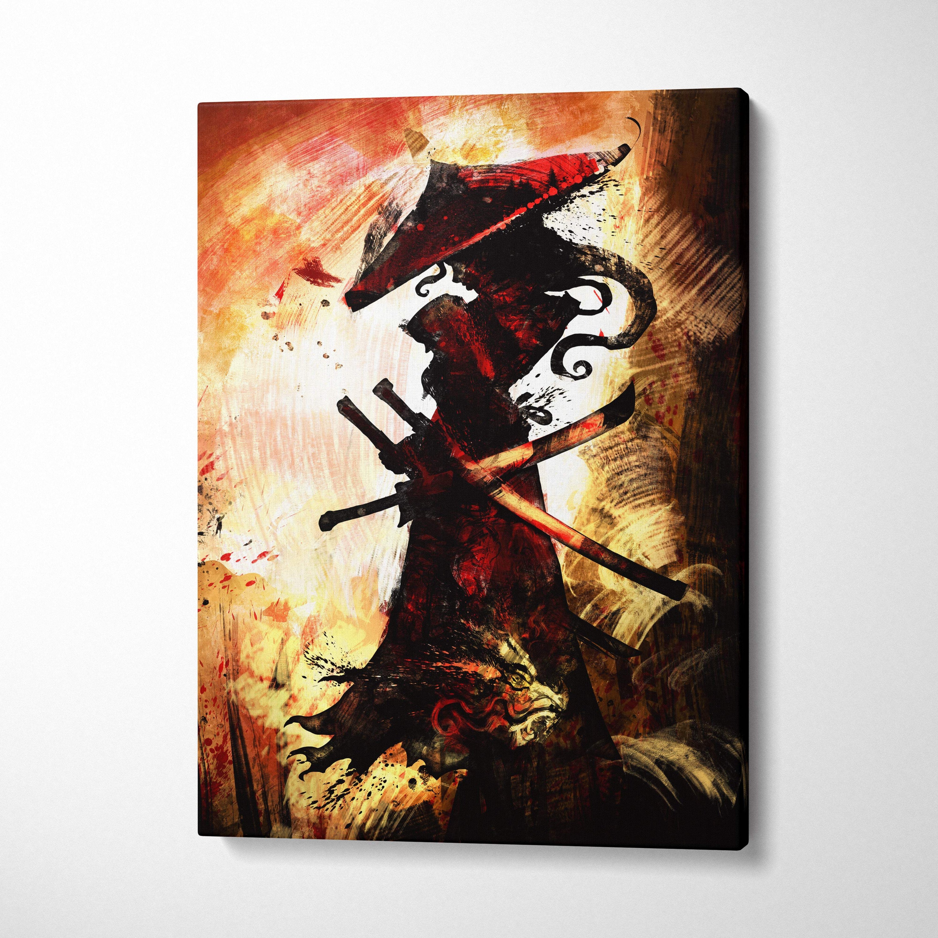 A striking canvas print of a dark samurai silhouette with twin swords in red black against a fiery orange background