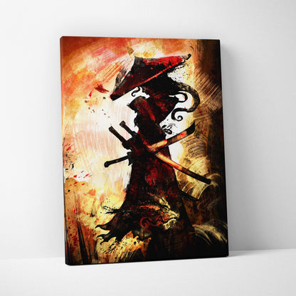 Vibrant abstract canvas of a shadow ronin warrior in red and black armor with twin swords on fiery orange background