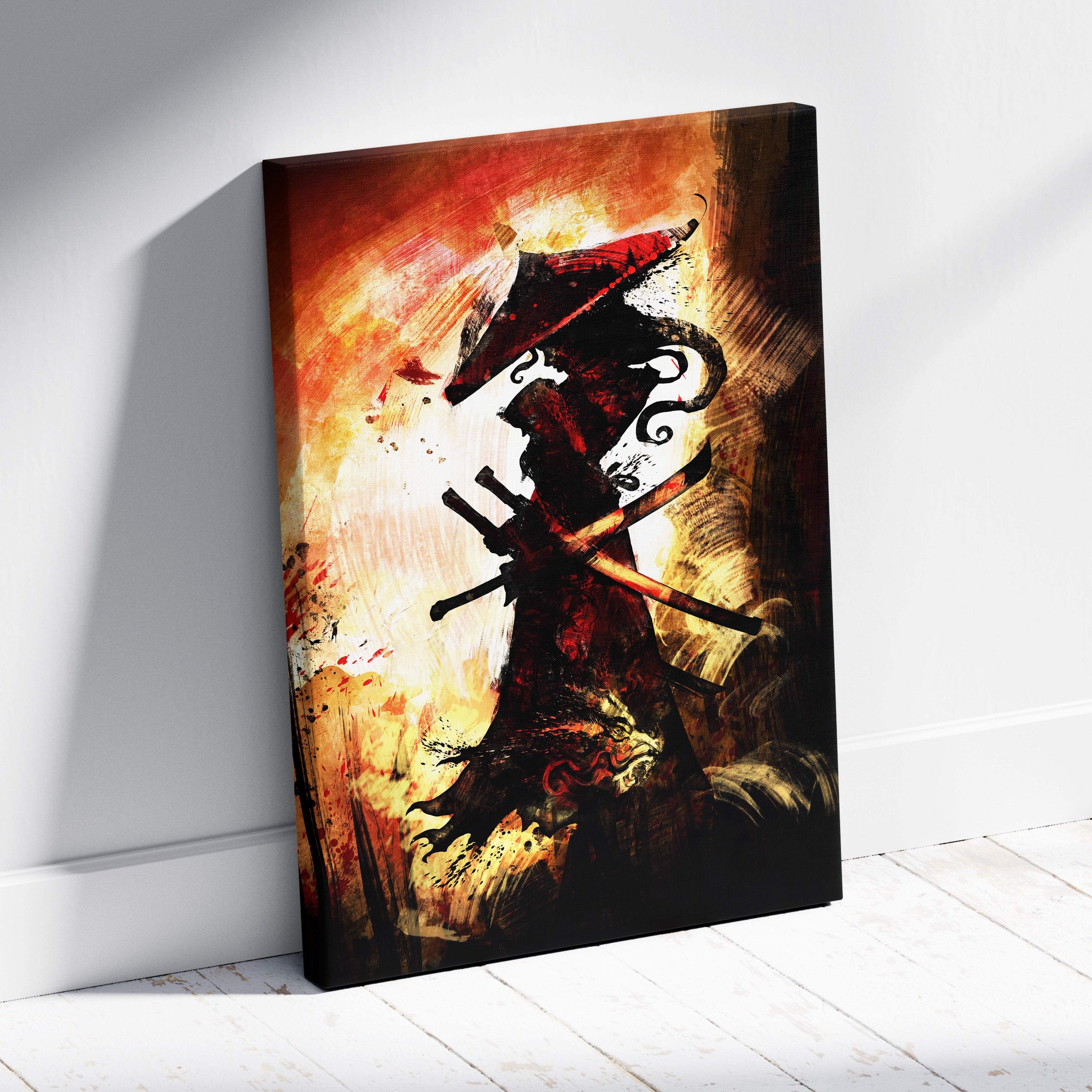 Vibrant abstract canvas wall art of a silhouetted dark samurai ronin in red and black armor with twin swords against fiery backdrop