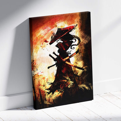 Vibrant abstract canvas wall art of a silhouetted dark samurai ronin in red and black armor with twin swords against fiery backdrop