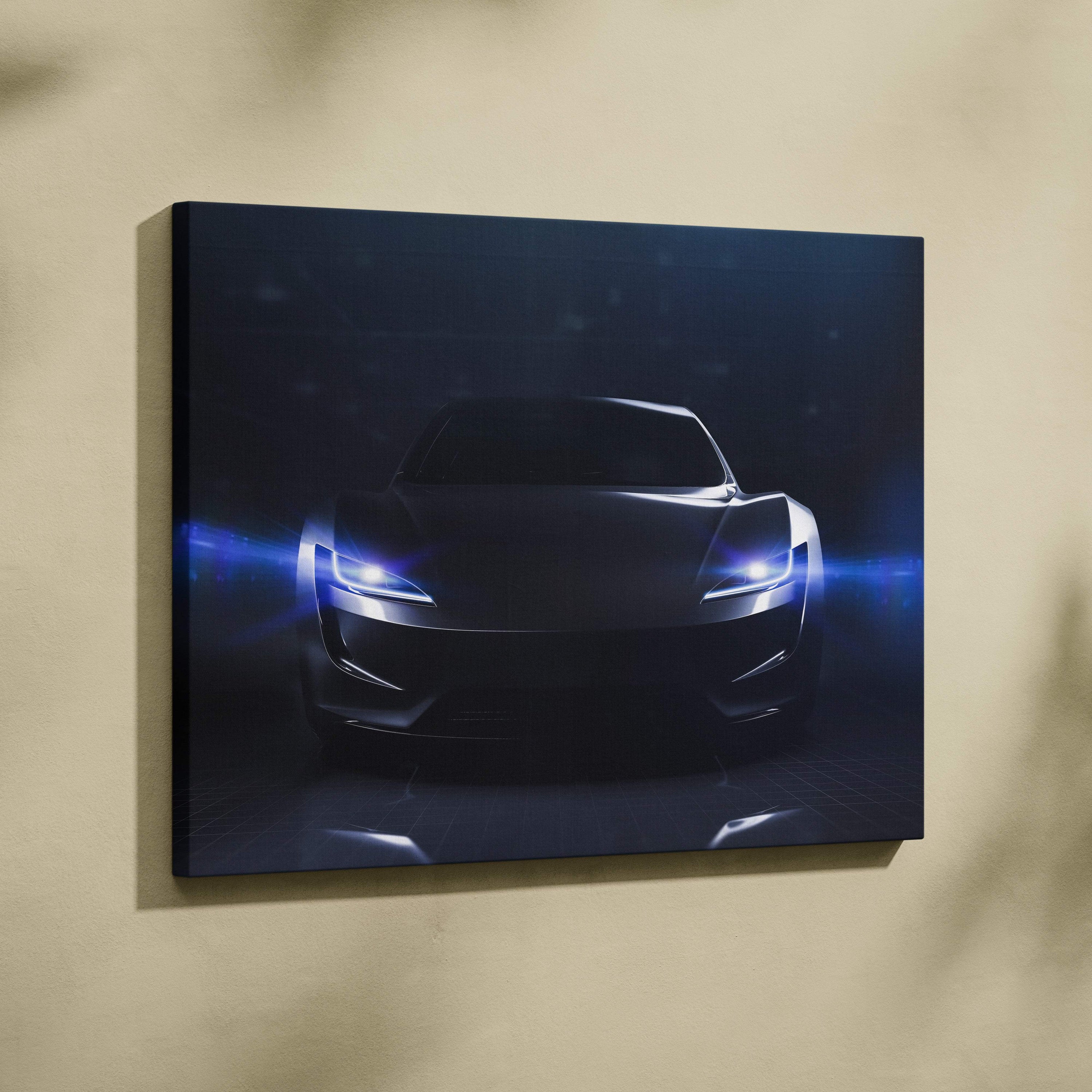 Black canvas print of a sleek futuristic sports car with glowing blue headlights for modern garage or gamer room decor