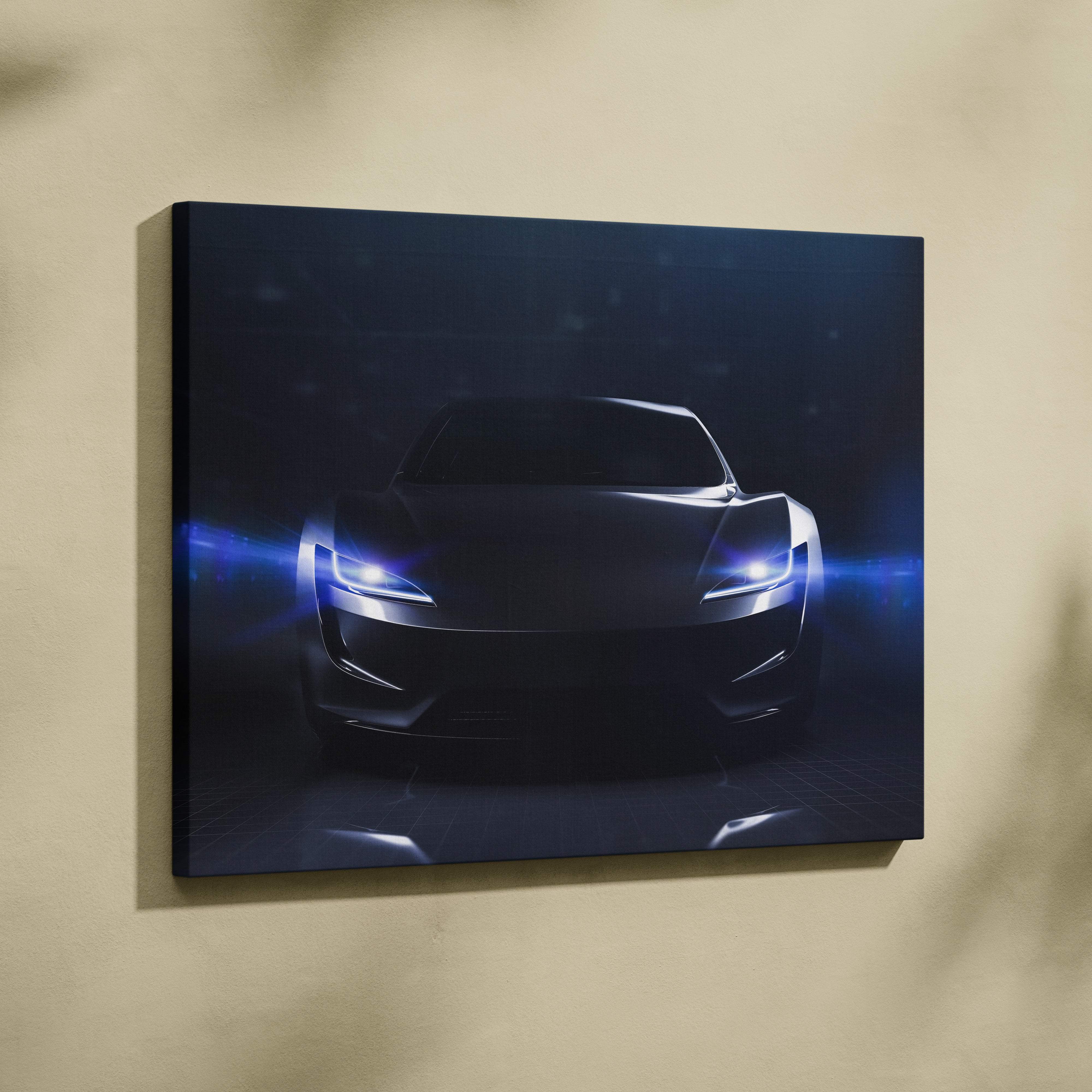 Black canvas print of a sleek futuristic sports car with glowing blue headlights for modern garage or gamer room decor