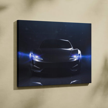 Black canvas print of a sleek futuristic sports car with glowing blue headlights for modern garage or gamer room decor