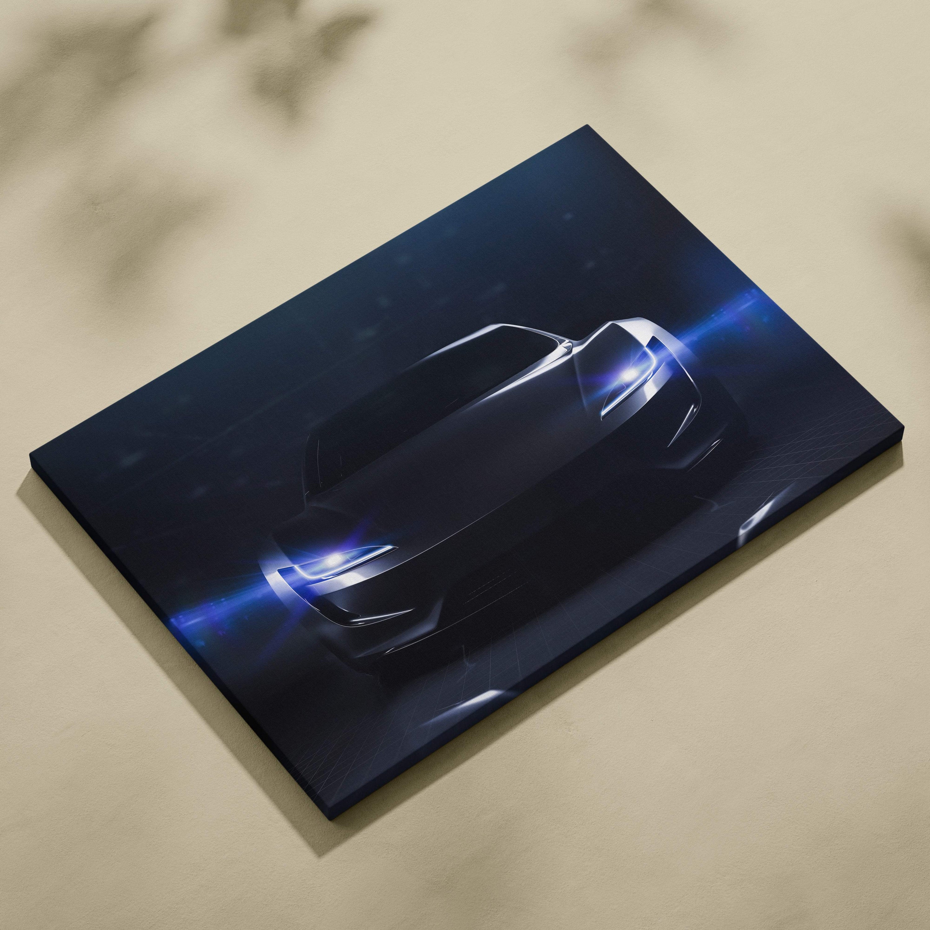 Dark futuristic sports car canvas print with glowing blue headlights on black material for modern garage decor