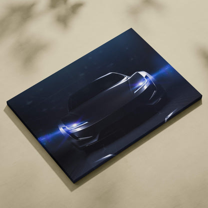 Dark futuristic sports car canvas print with glowing blue headlights on black material for modern garage decor