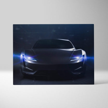 Black matte-finish futuristic sports car canvas print with glowing blue headlights for modern garage or gamer room decor