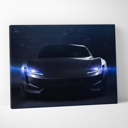 Black canvas print of a sleek futuristic sports car with glowing blue headlights for modern garage or gamer room decor