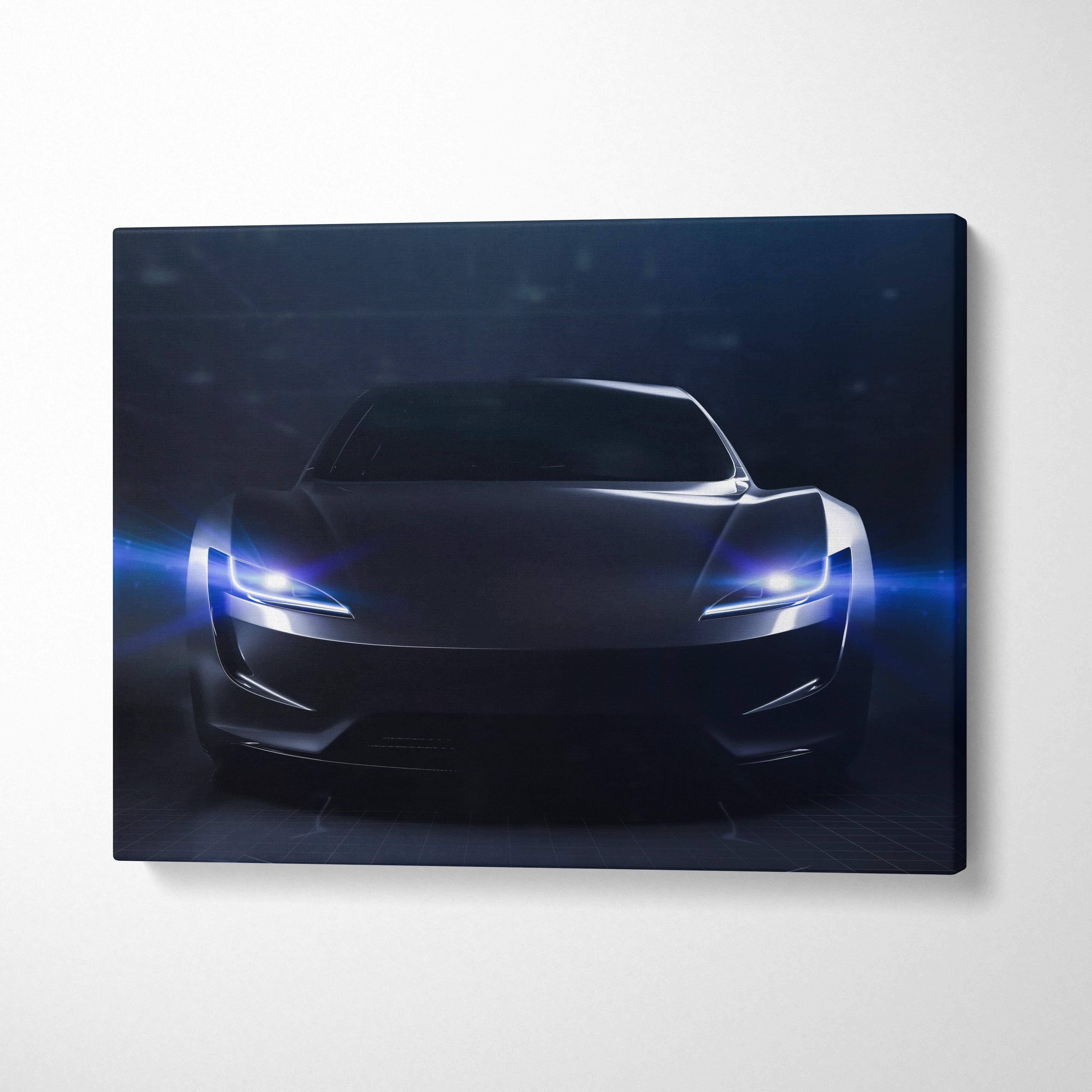 Black matte finish tesla roadster canvas print with glowing blue headlights for modern garage or gamer room decor