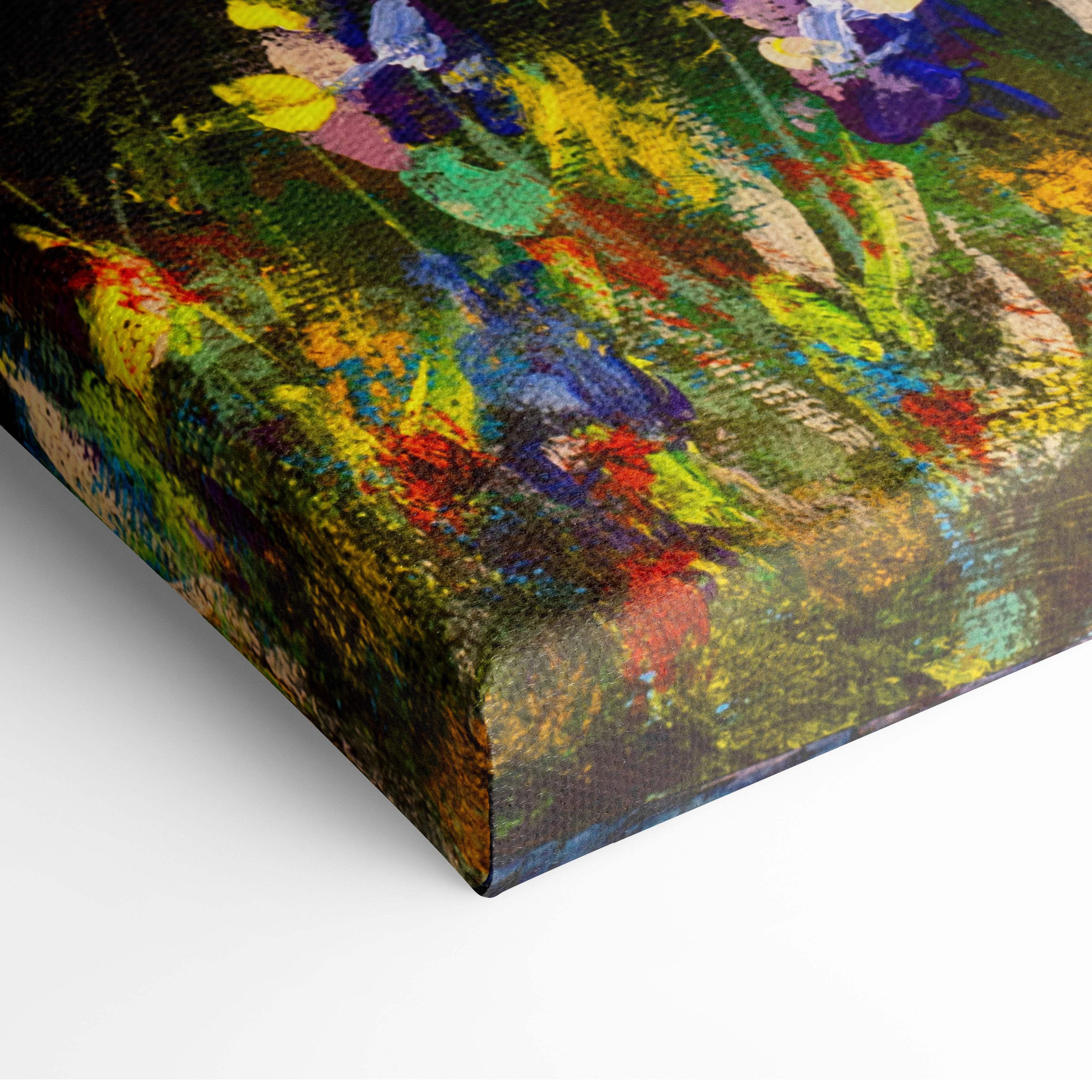 Vibrant abstract floral canvas print with bold yellow blue purple and green strokes on textured surface wall art