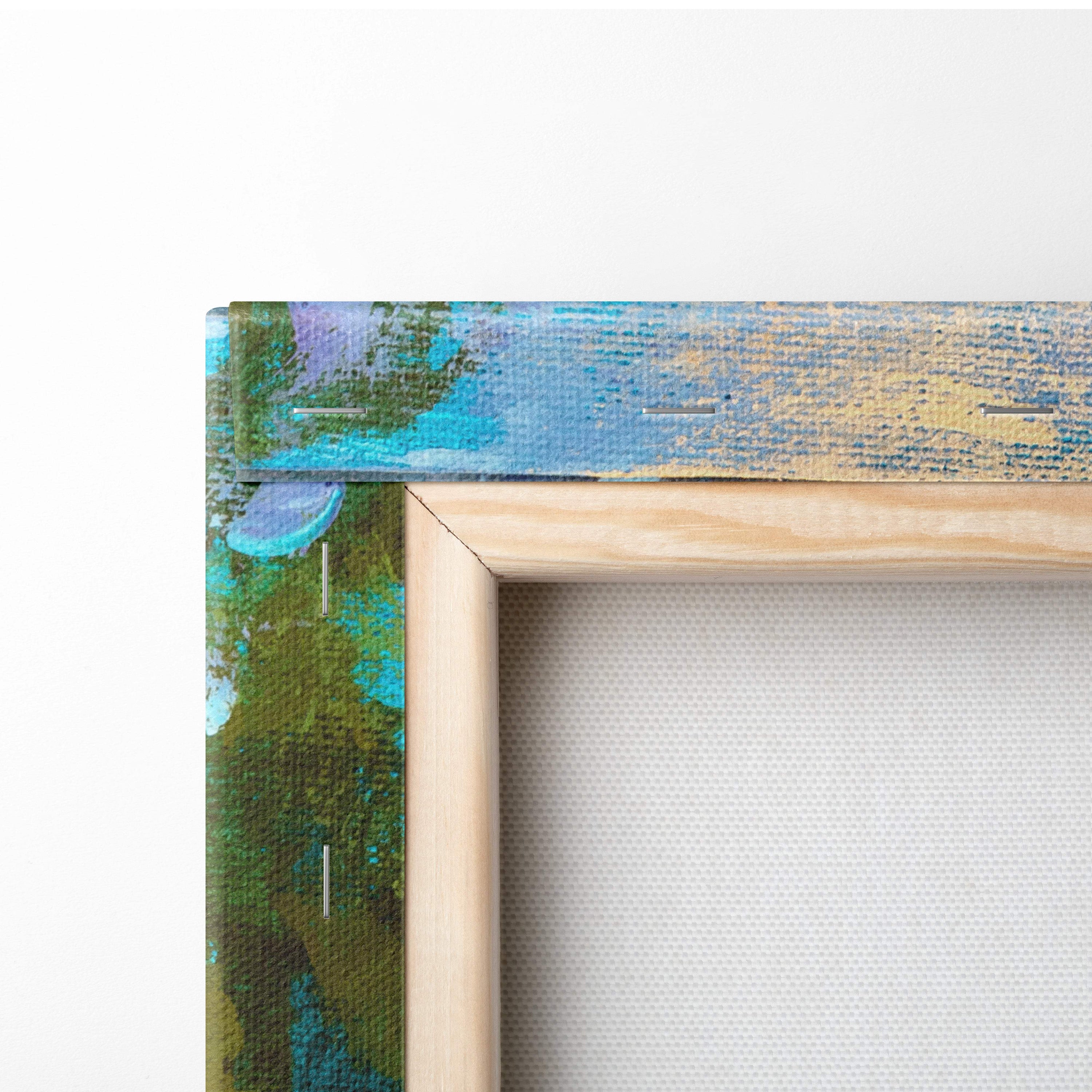 A rustic wooden frame with a textured abstract painting in blue green and yellow on green meadow landscape canvas print