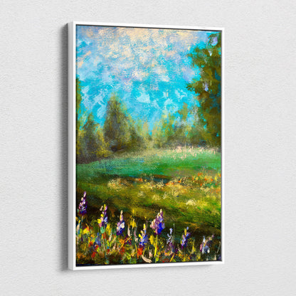 A framed green meadow landscape canvas print featuring purple and yellow wildflowers under a blue sky